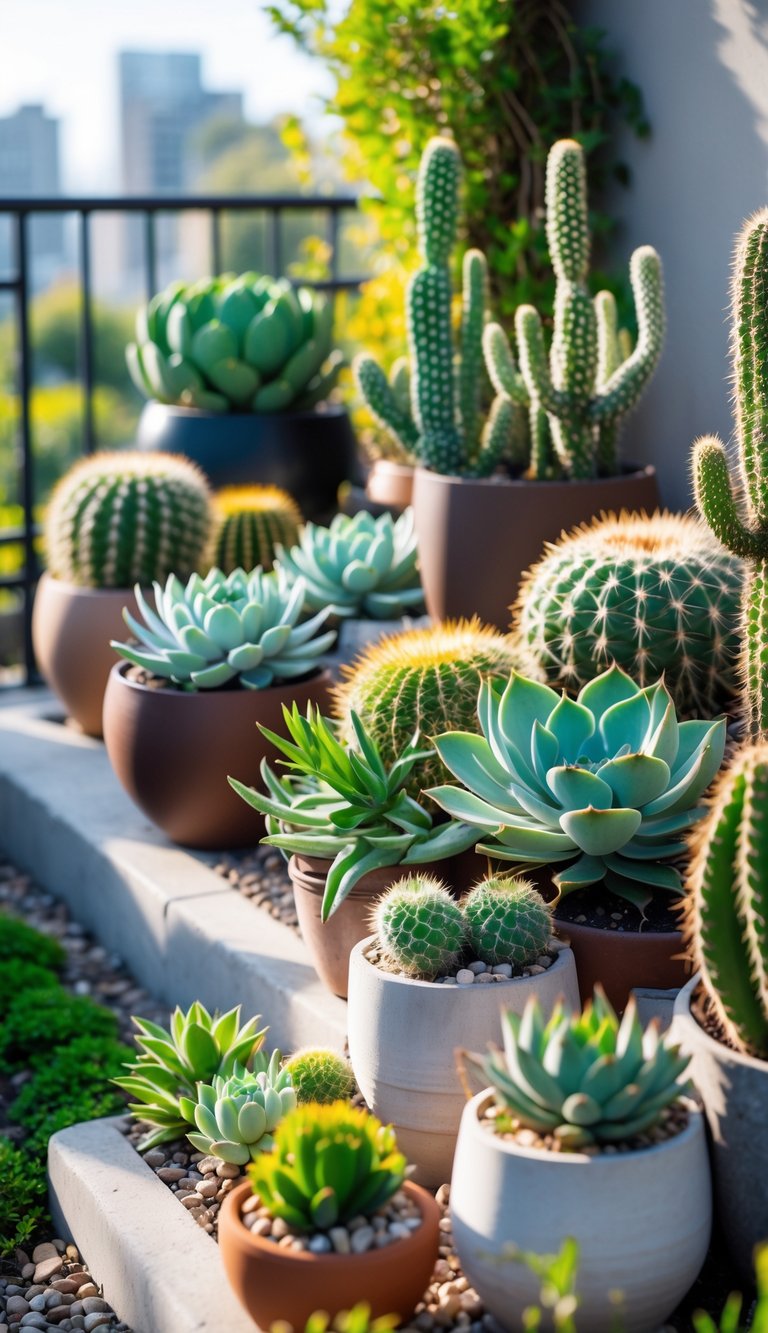 A terrace garden with various pots of succulents and cacti arranged together under natural sunlight.